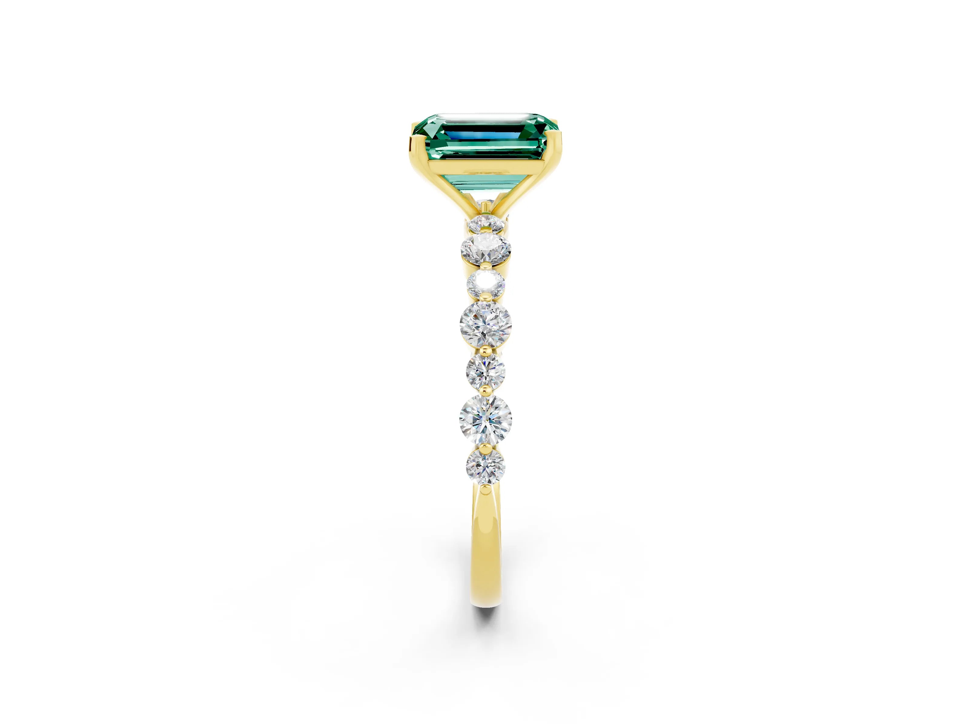 Yellow gold Emerald Cut Green Sapphire Prong Set Engagement Ring with Pavé Band_2