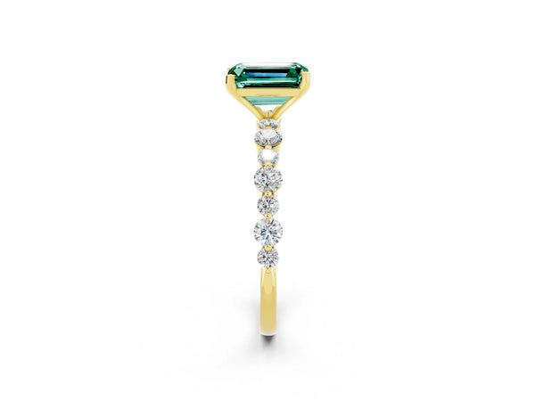 Yellow gold Emerald Cut Green Sapphire Prong Set Engagement Ring with Pavé Band