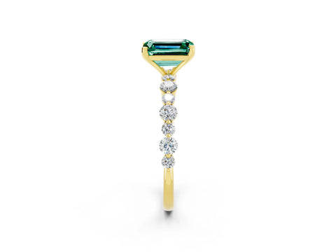 Yellow gold Emerald Cut Green Sapphire Prong Set Engagement Ring with Pavé Band_2