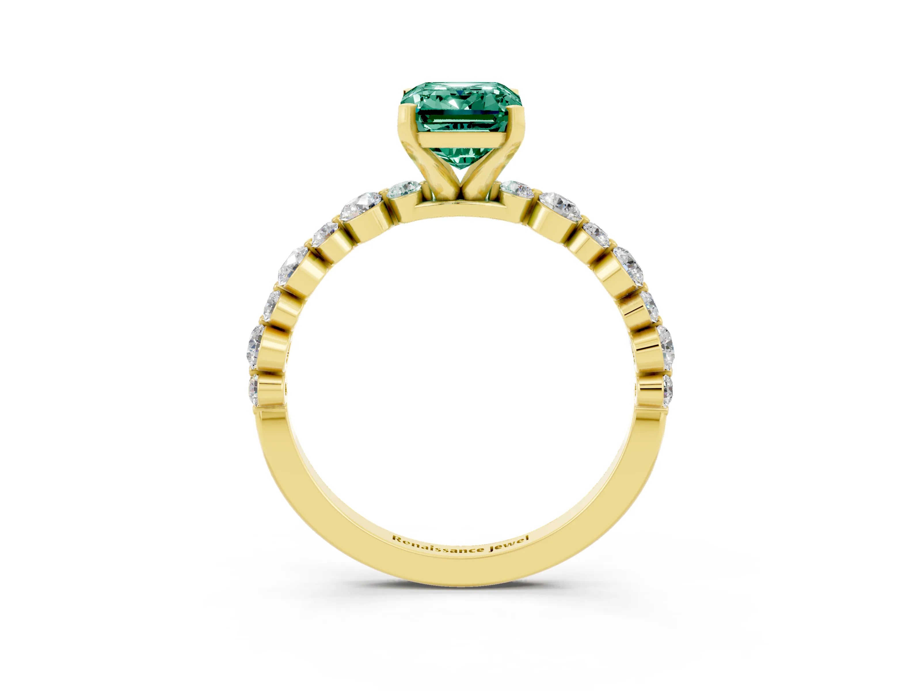 Yellow gold Emerald Cut Green Sapphire Prong Set Engagement Ring with Pavé Band_3