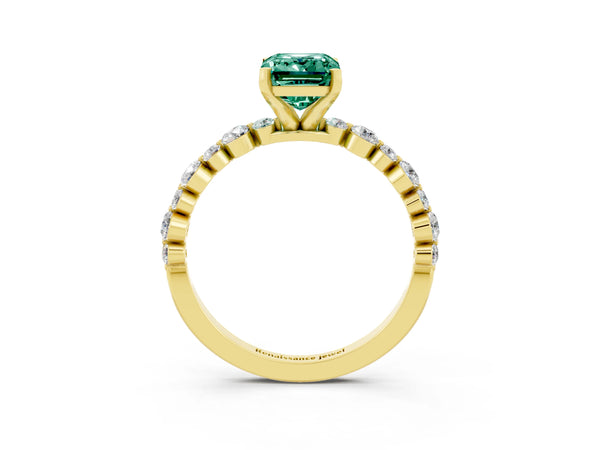 Yellow gold Emerald Cut Green Sapphire Prong Set Engagement Ring with Pavé Band