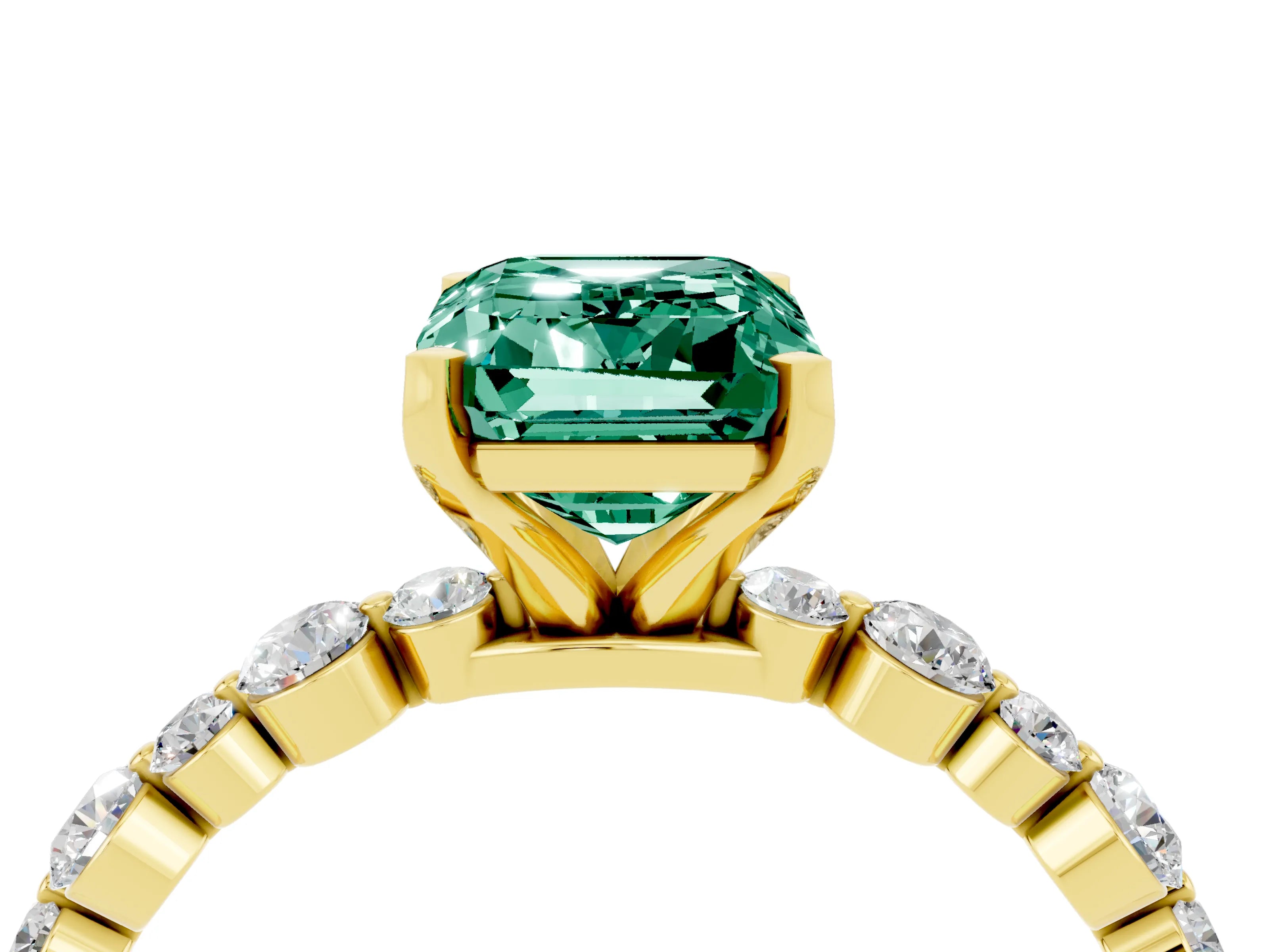 Yellow gold Emerald Cut Green Sapphire Prong Set Engagement Ring with Pavé Band_4