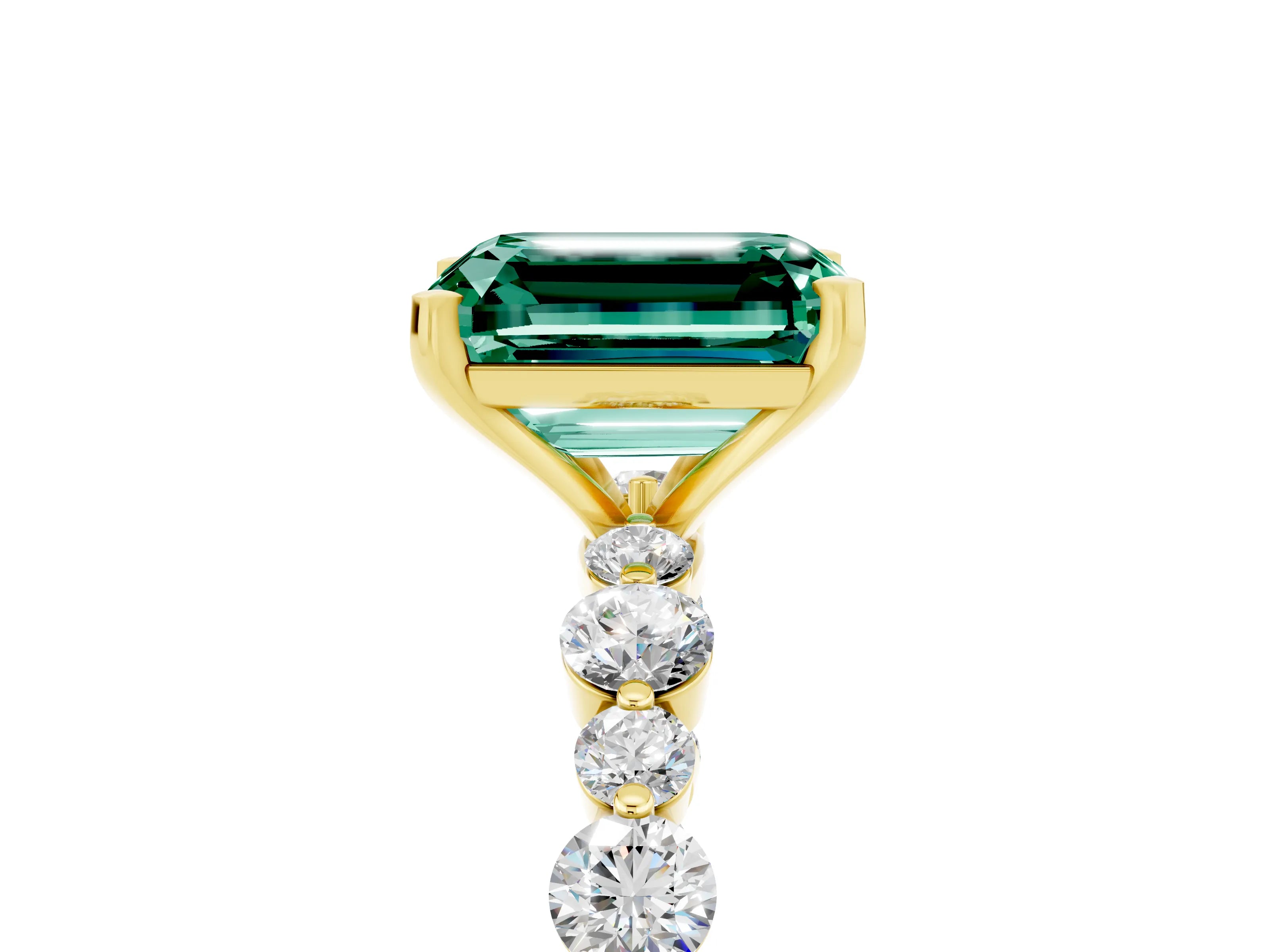 Yellow gold Emerald Cut Green Sapphire Prong Set Engagement Ring with Pavé Band_5