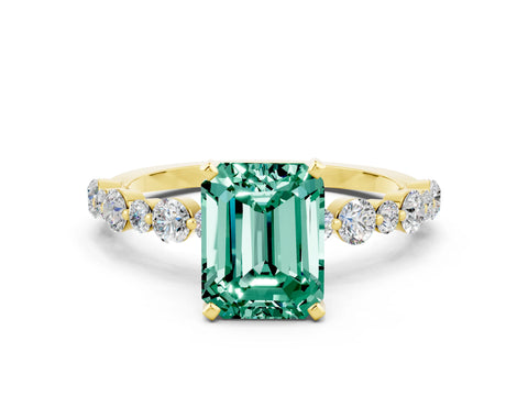 Yellow gold Emerald Cut Green Sapphire Prong Set Engagement Ring with Pavé Band
