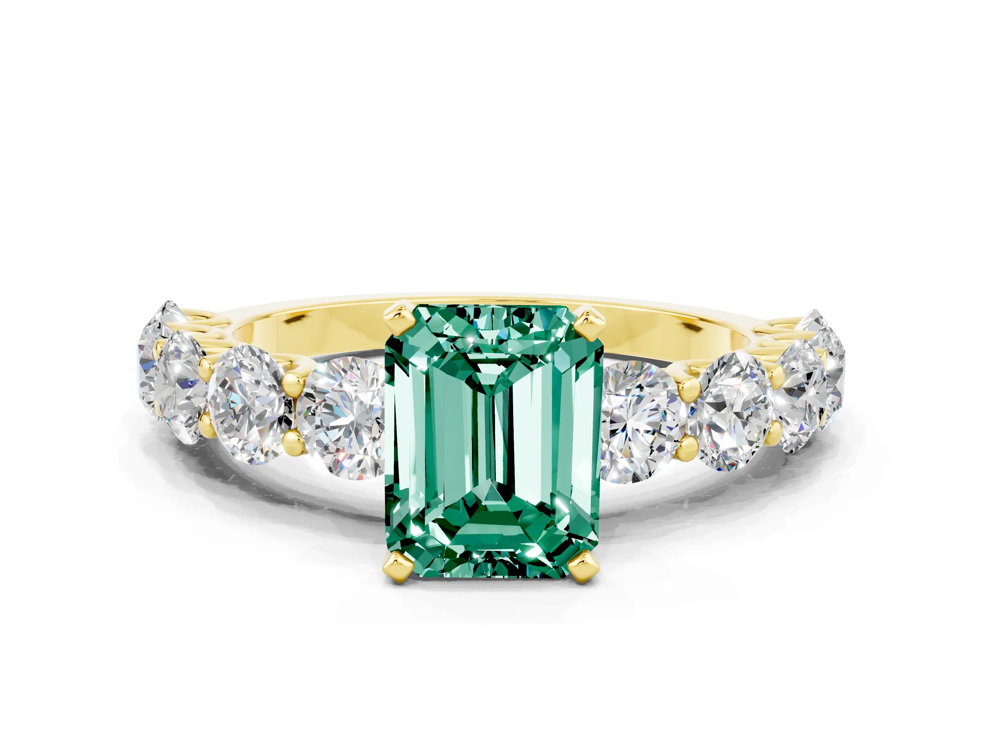 Yellow gold Emerald Cut Green Sapphire Prong Setting with Side Stones on a Pave Band