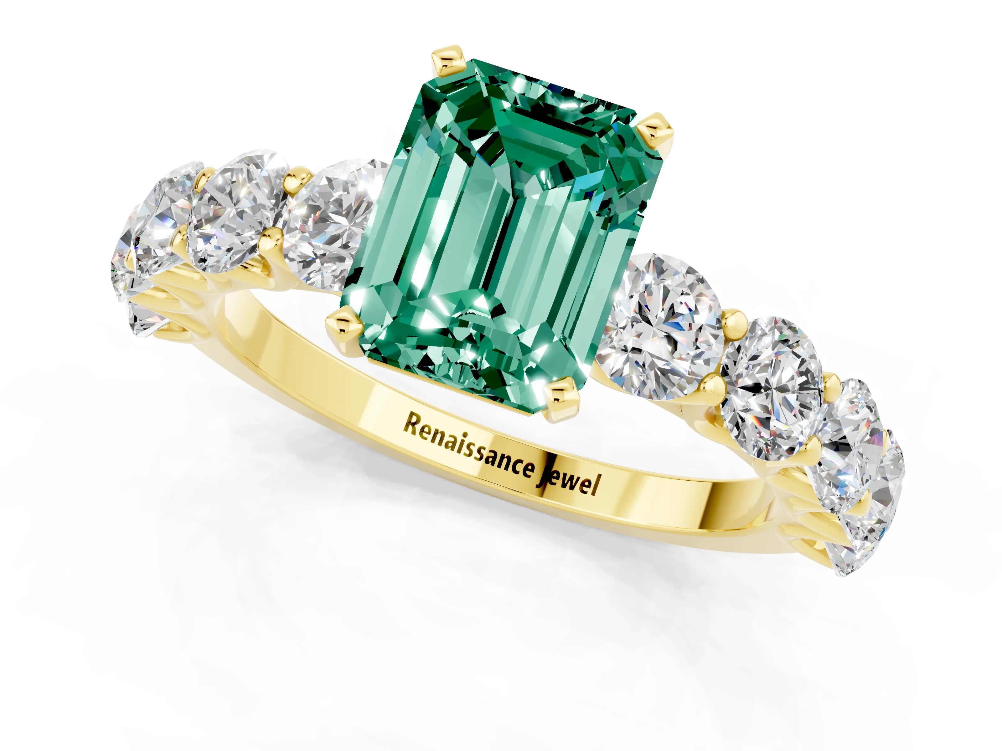 Yellow gold Emerald Cut Green Sapphire Prong Setting with Side Stones on a Pave Band_1