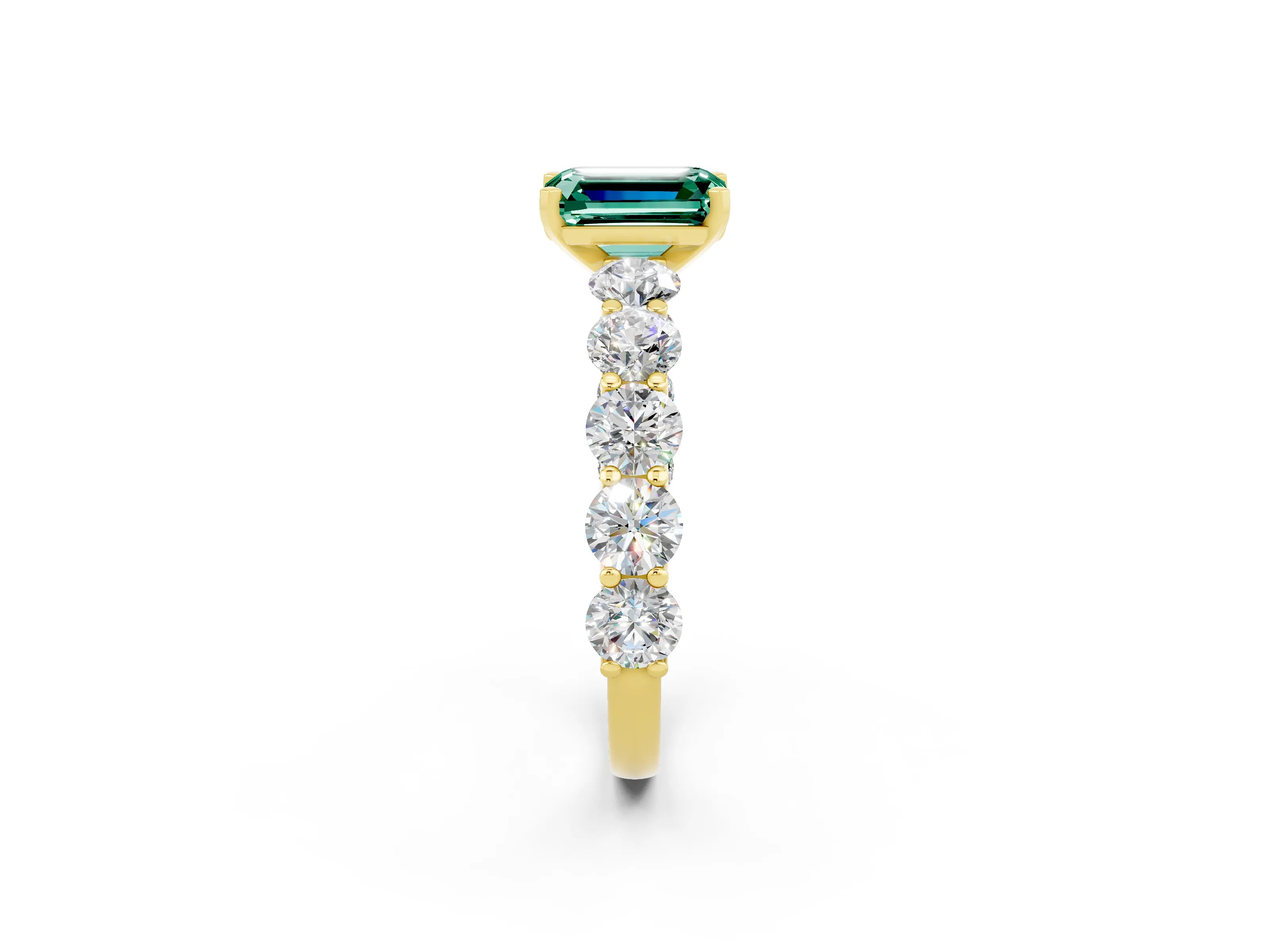 Yellow gold Emerald Cut Green Sapphire Prong Setting with Side Stones on a Pave Band_2