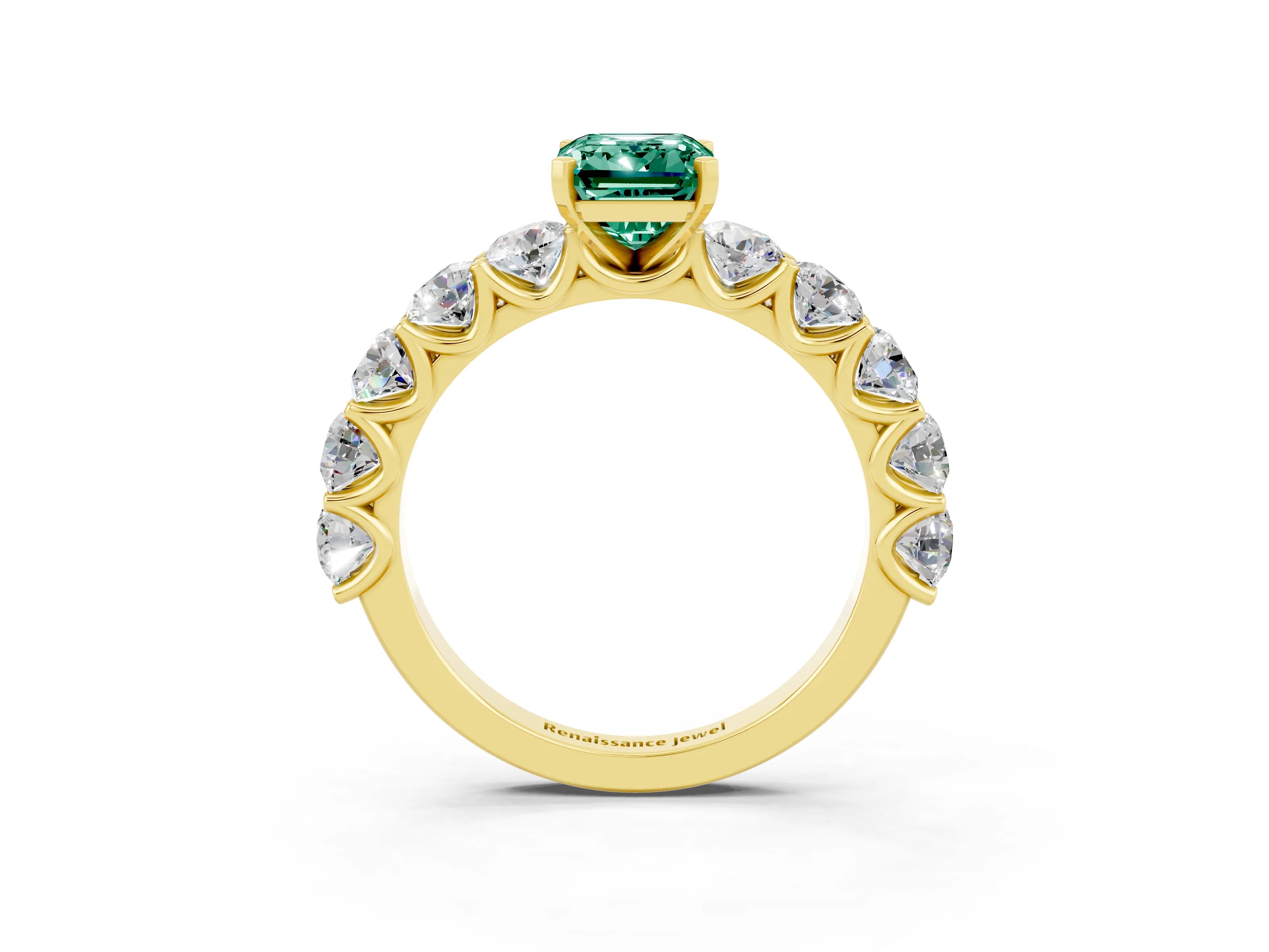 Yellow gold Emerald Cut Green Sapphire Prong Setting with Side Stones on a Pave Band_3
