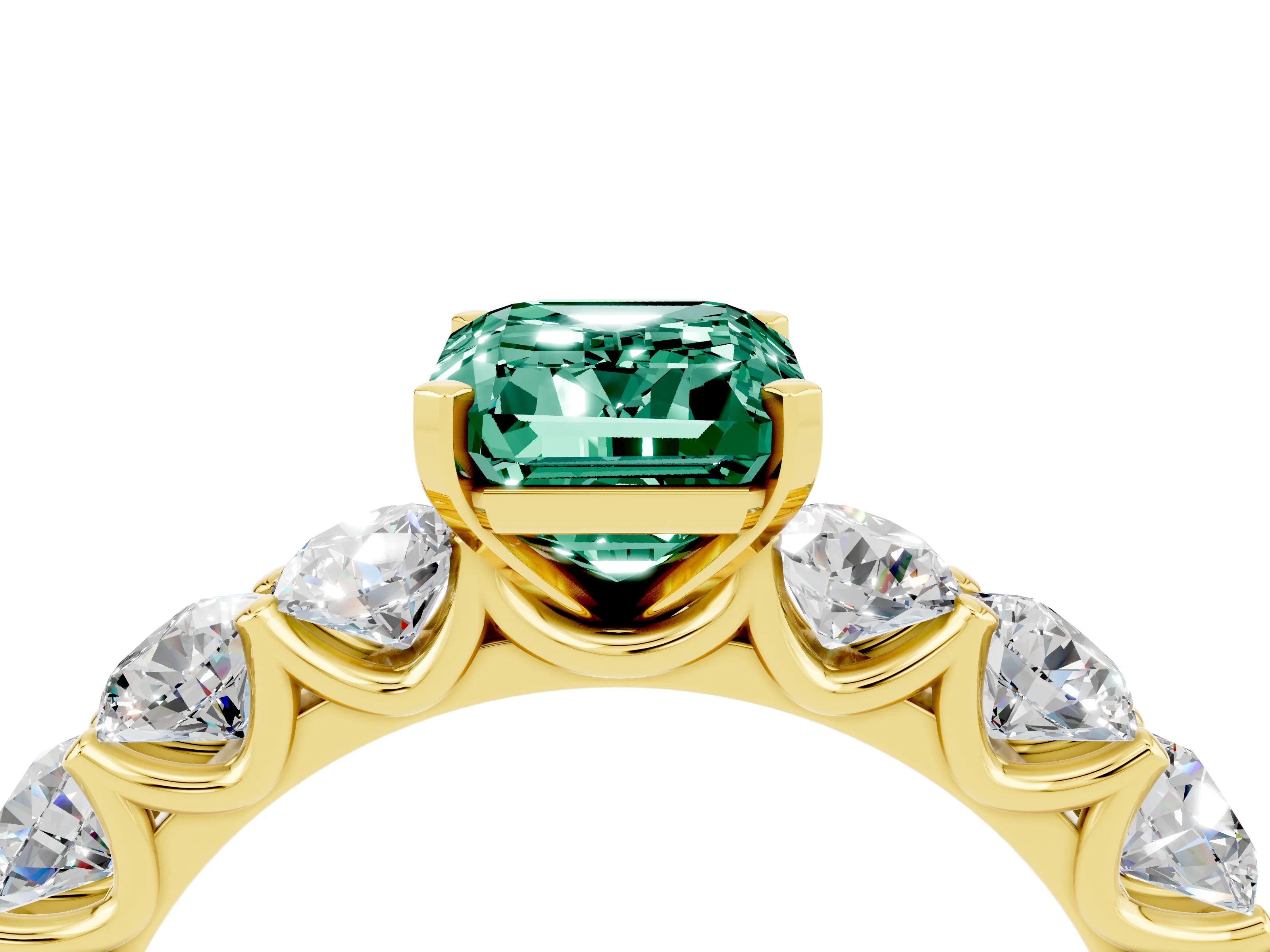 Yellow gold Emerald Cut Green Sapphire Prong Setting with Side Stones on a Pave Band_4