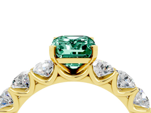 Yellow gold Emerald Cut Green Sapphire Prong Setting with Side Stones on a Pave Band_4