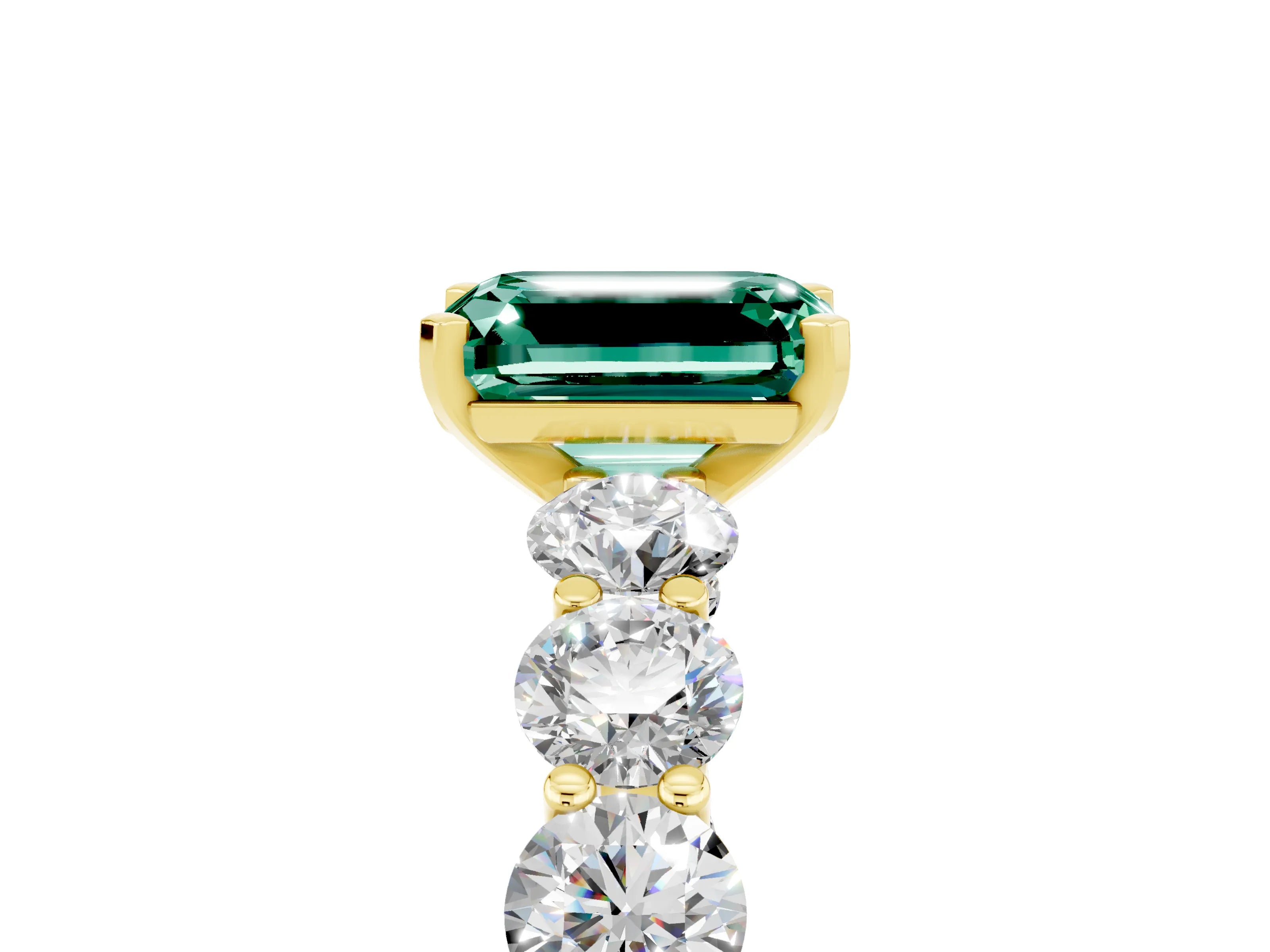 Yellow gold Emerald Cut Green Sapphire Prong Setting with Side Stones on a Pave Band_5