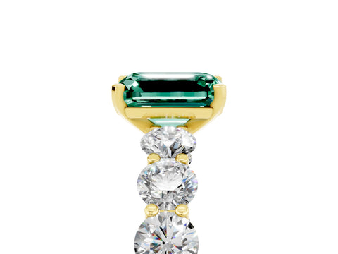 Yellow gold Emerald Cut Green Sapphire Prong Setting with Side Stones on a Pave Band_5
