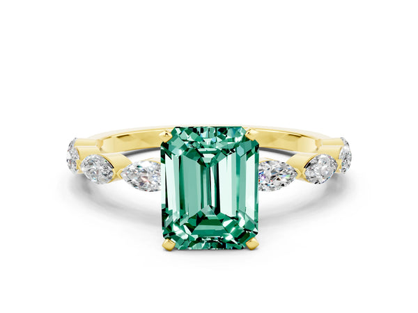 Yellow gold Emerald Cut Green Sapphire Ring with Marquise Side Stones and Prong Setting