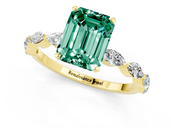 Yellow gold Emerald Cut Green Sapphire Ring with Marquise Side Stones and Prong Setting