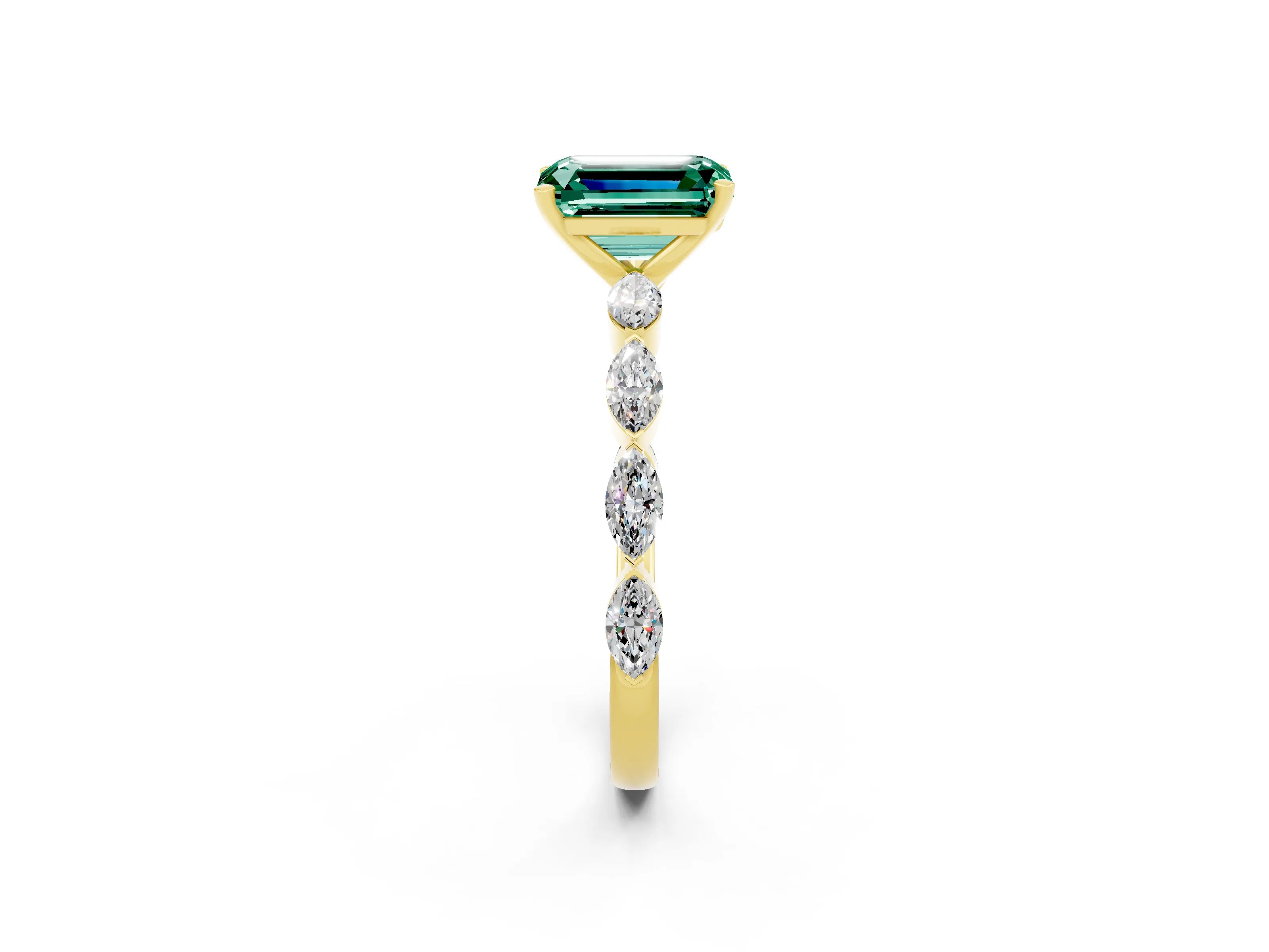 Yellow gold Emerald Cut Green Sapphire Ring with Marquise Side Stones and Prong Setting_2