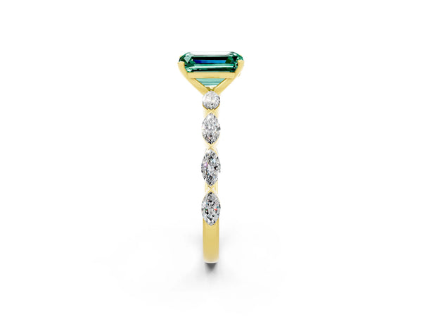 Yellow gold Emerald Cut Green Sapphire Ring with Marquise Side Stones and Prong Setting
