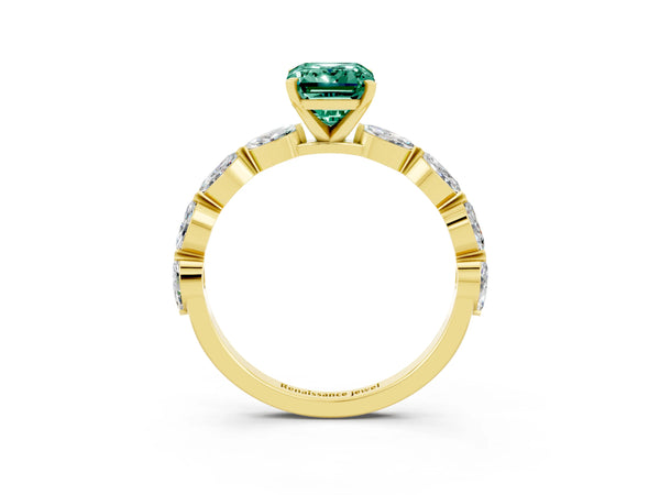 Yellow gold Emerald Cut Green Sapphire Ring with Marquise Side Stones and Prong Setting