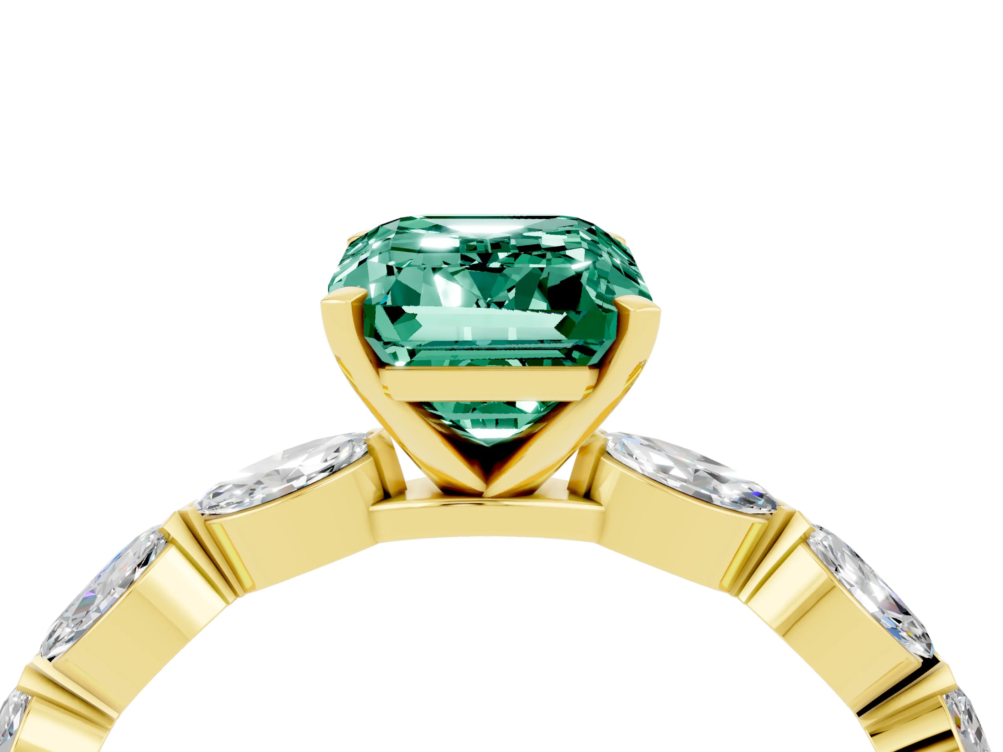 Yellow gold Emerald Cut Green Sapphire Ring with Marquise Side Stones and Prong Setting_4