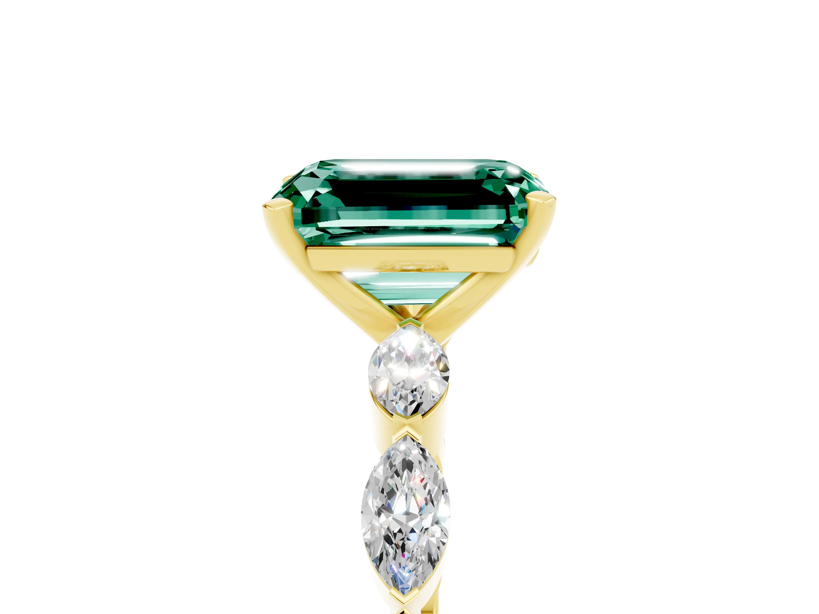Yellow gold Emerald Cut Green Sapphire Ring with Marquise Side Stones and Prong Setting_5