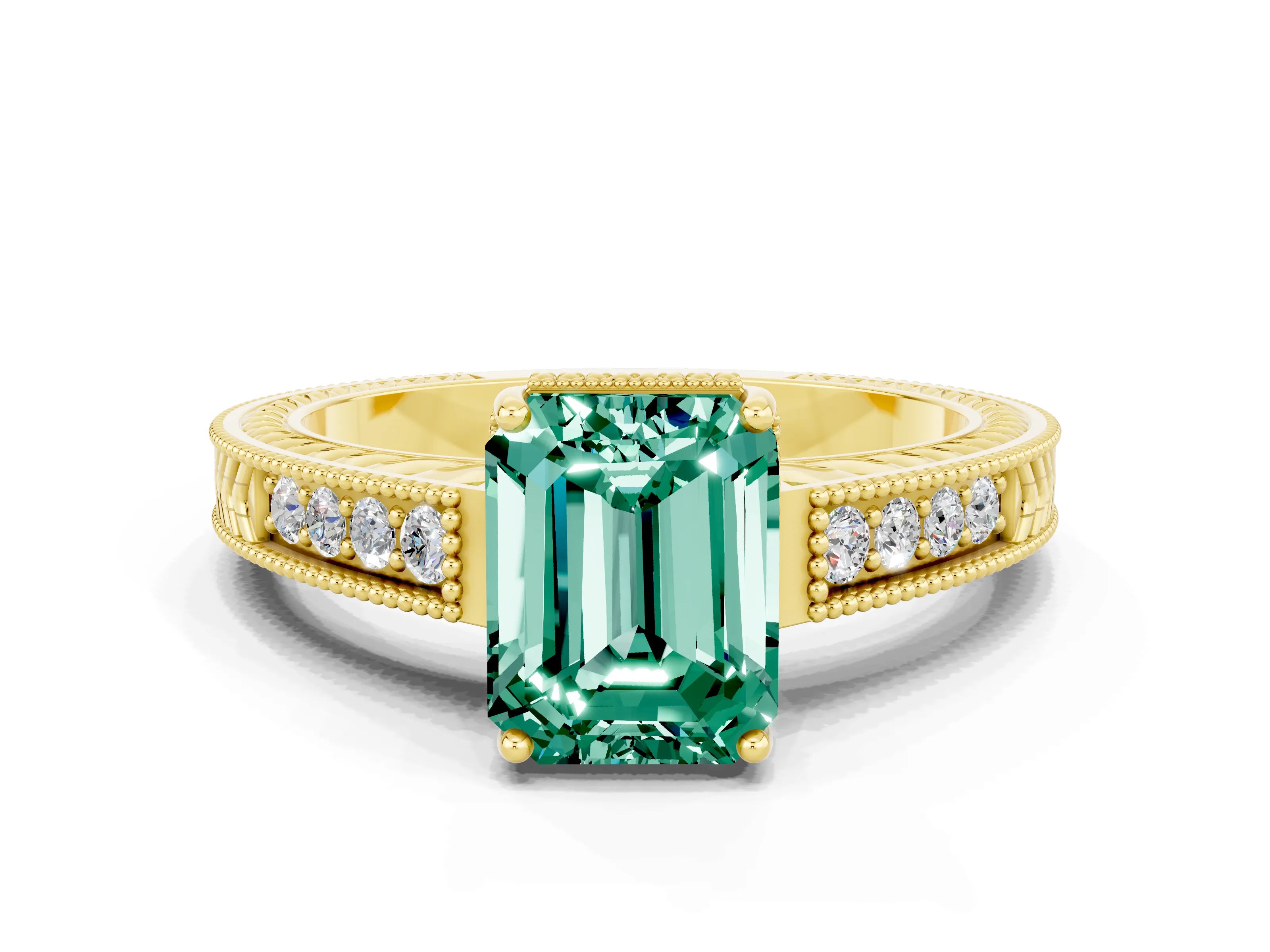 Yellow gold Emerald Cut Green Sapphire Ring with Milgrain Pavé Band and Four-Prong Setting_12