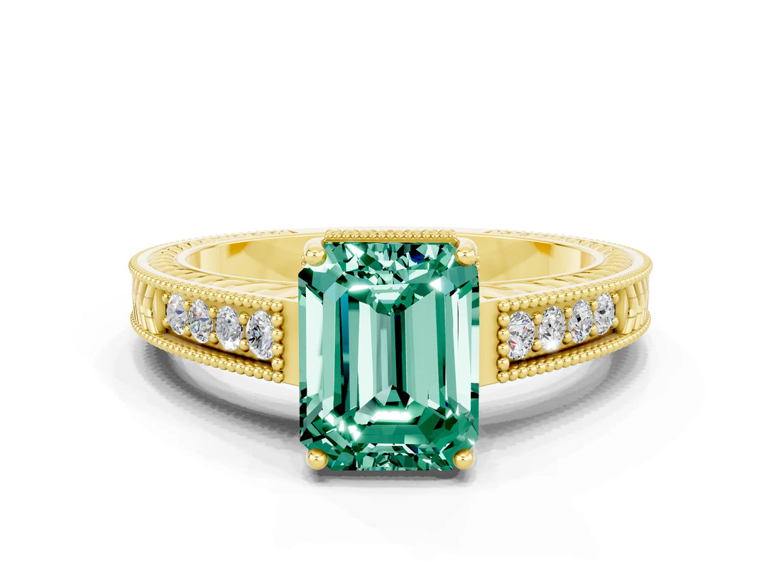 Yellow gold Emerald Cut Green Sapphire Ring with Milgrain Pavé Band and Four-Prong Setting_12