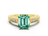 Yellow gold Emerald Cut Green Sapphire Ring with Milgrain Pavé Band and Four-Prong Setting_12