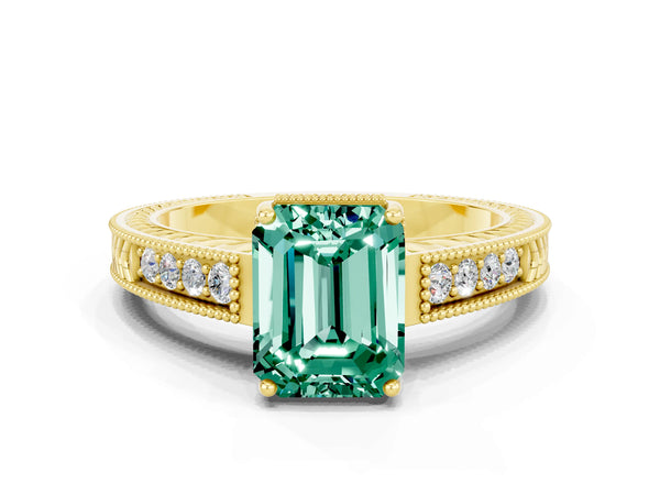Yellow gold Emerald Cut Green Sapphire Ring with Milgrain Pavé Band and Four-Prong Setting