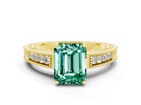 Yellow gold Emerald Cut Green Sapphire Ring with Milgrain Pavé Band and Four-Prong Setting_12