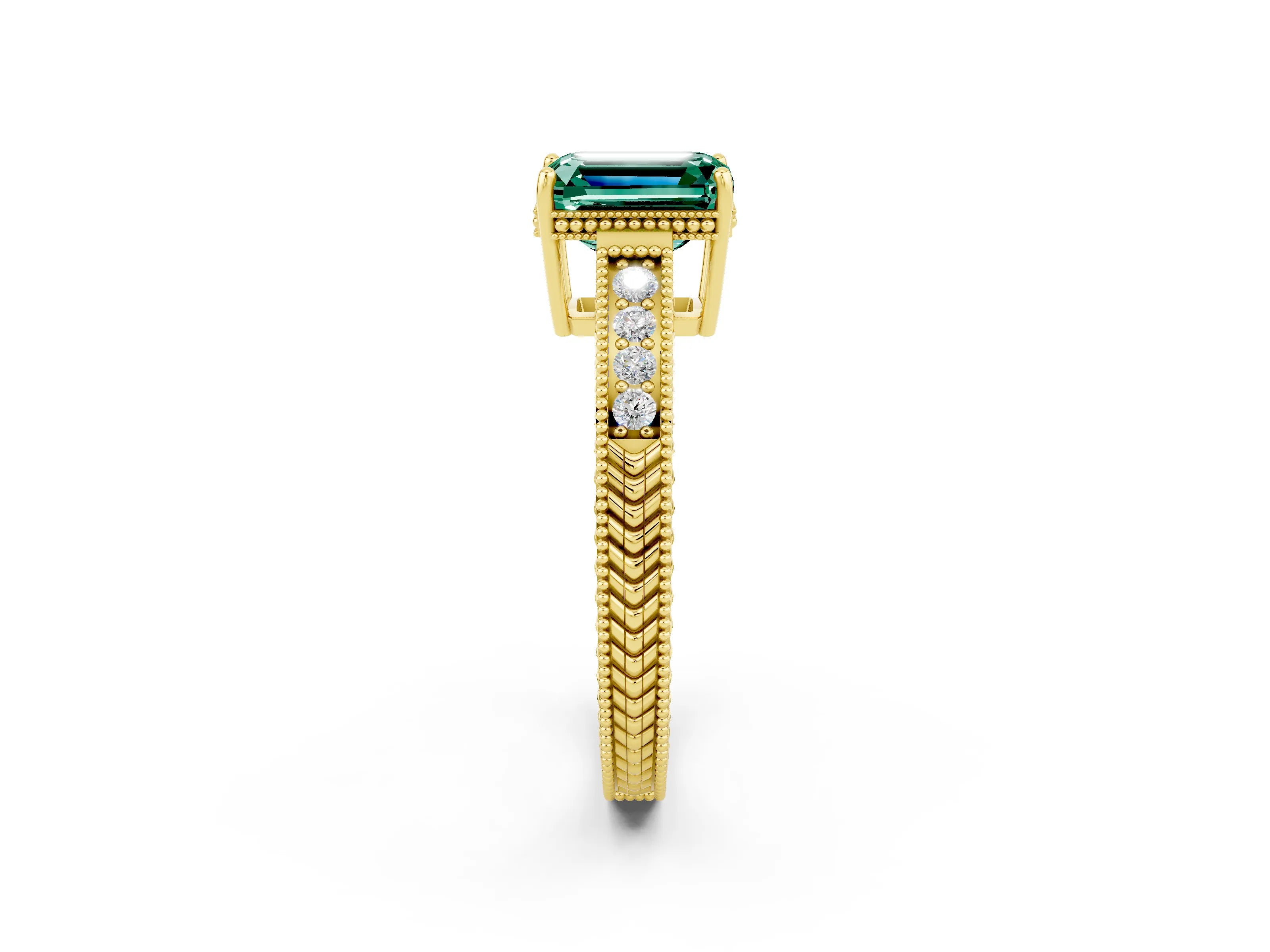 Yellow gold Emerald Cut Green Sapphire Ring with Milgrain Pavé Band and Four-Prong Setting_14