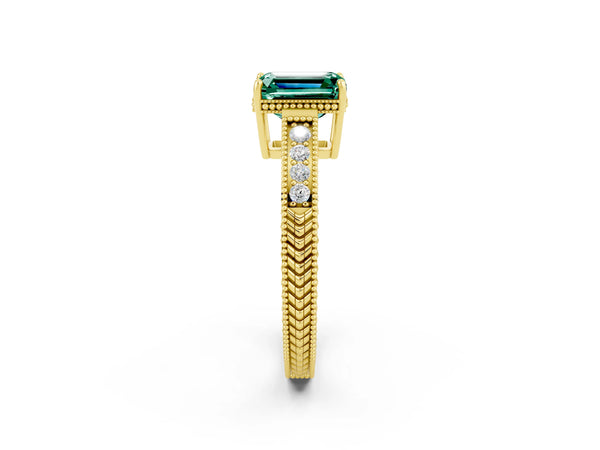 Yellow gold Emerald Cut Green Sapphire Ring with Milgrain Pavé Band and Four-Prong Setting