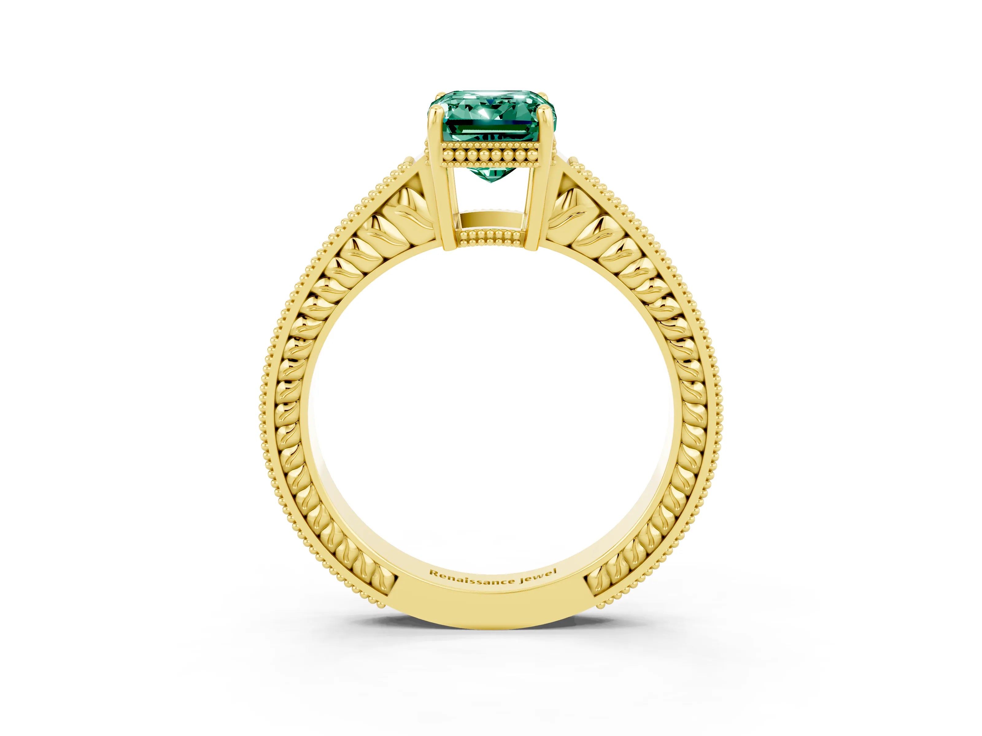 Yellow gold Emerald Cut Green Sapphire Ring with Milgrain Pavé Band and Four-Prong Setting_15