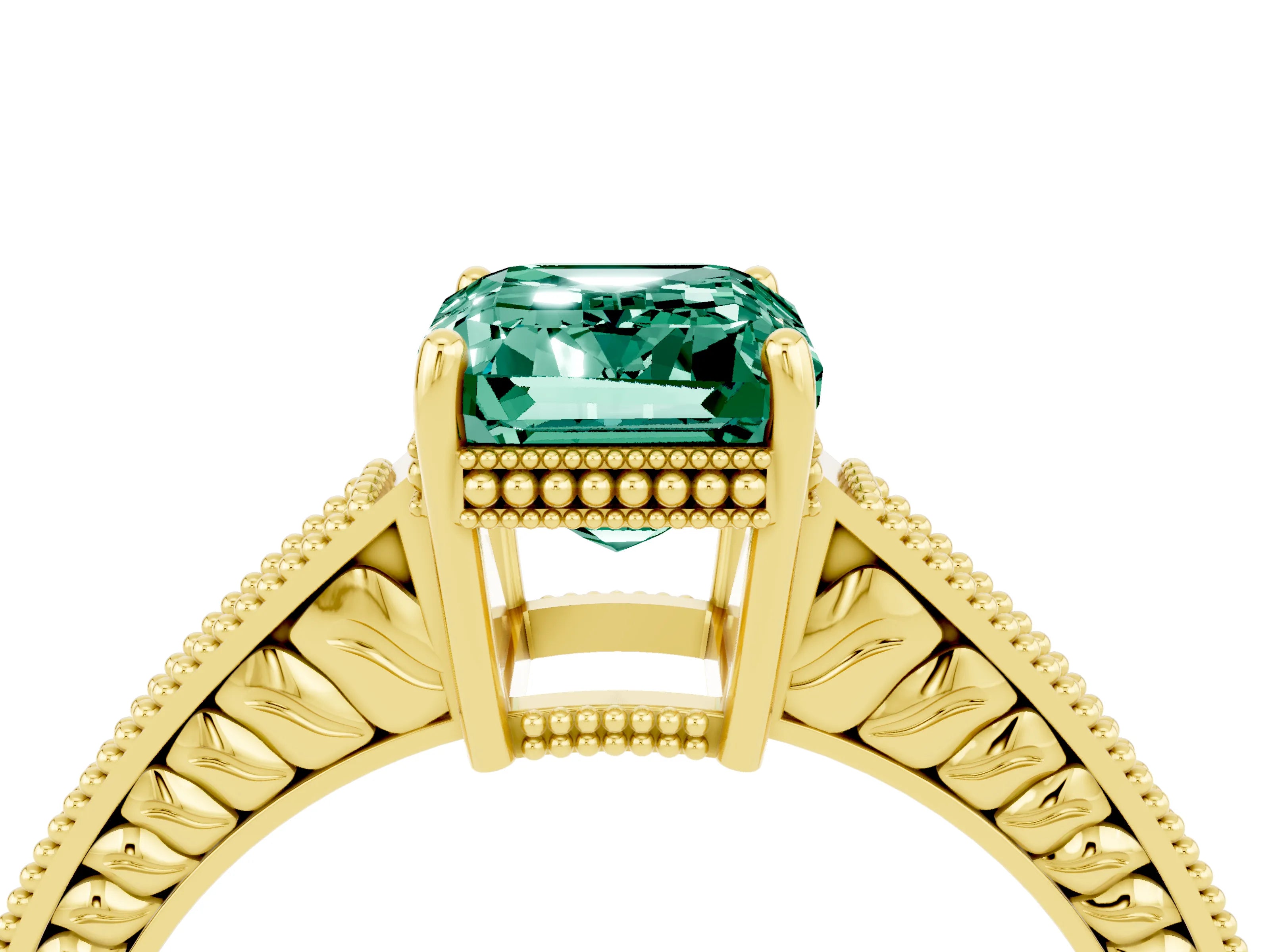 Yellow gold Emerald Cut Green Sapphire Ring with Milgrain Pavé Band and Four-Prong Setting_16