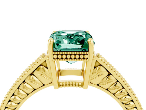 Yellow gold Emerald Cut Green Sapphire Ring with Milgrain Pavé Band and Four-Prong Setting_16