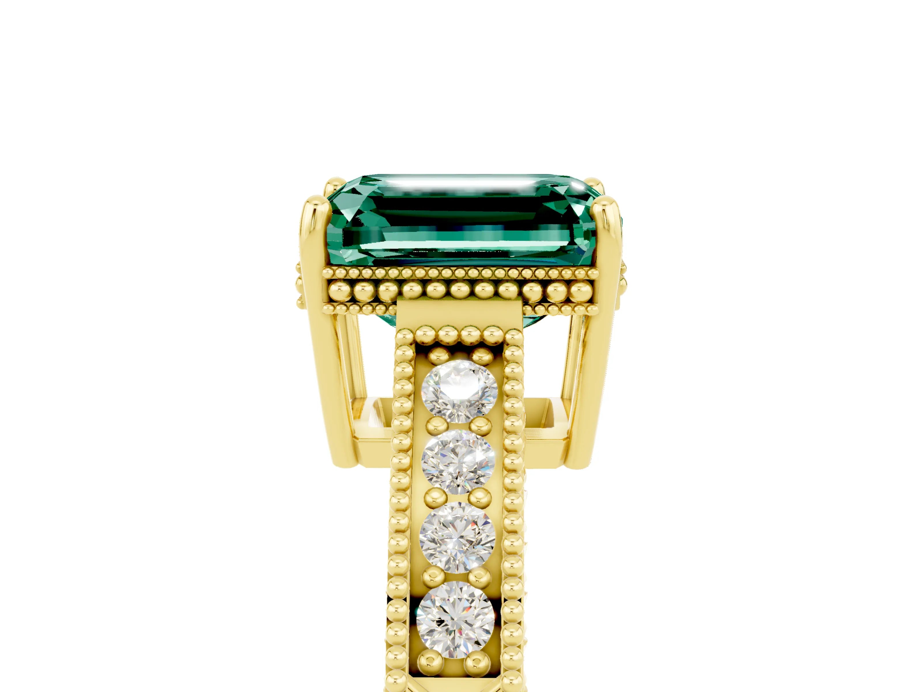 Yellow gold Emerald Cut Green Sapphire Ring with Milgrain Pavé Band and Four-Prong Setting_17