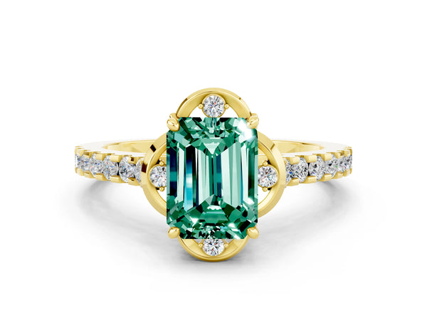 Yellow gold Emerald Cut Green Sapphire Ring with Pavé Band and Floral Prong Setting