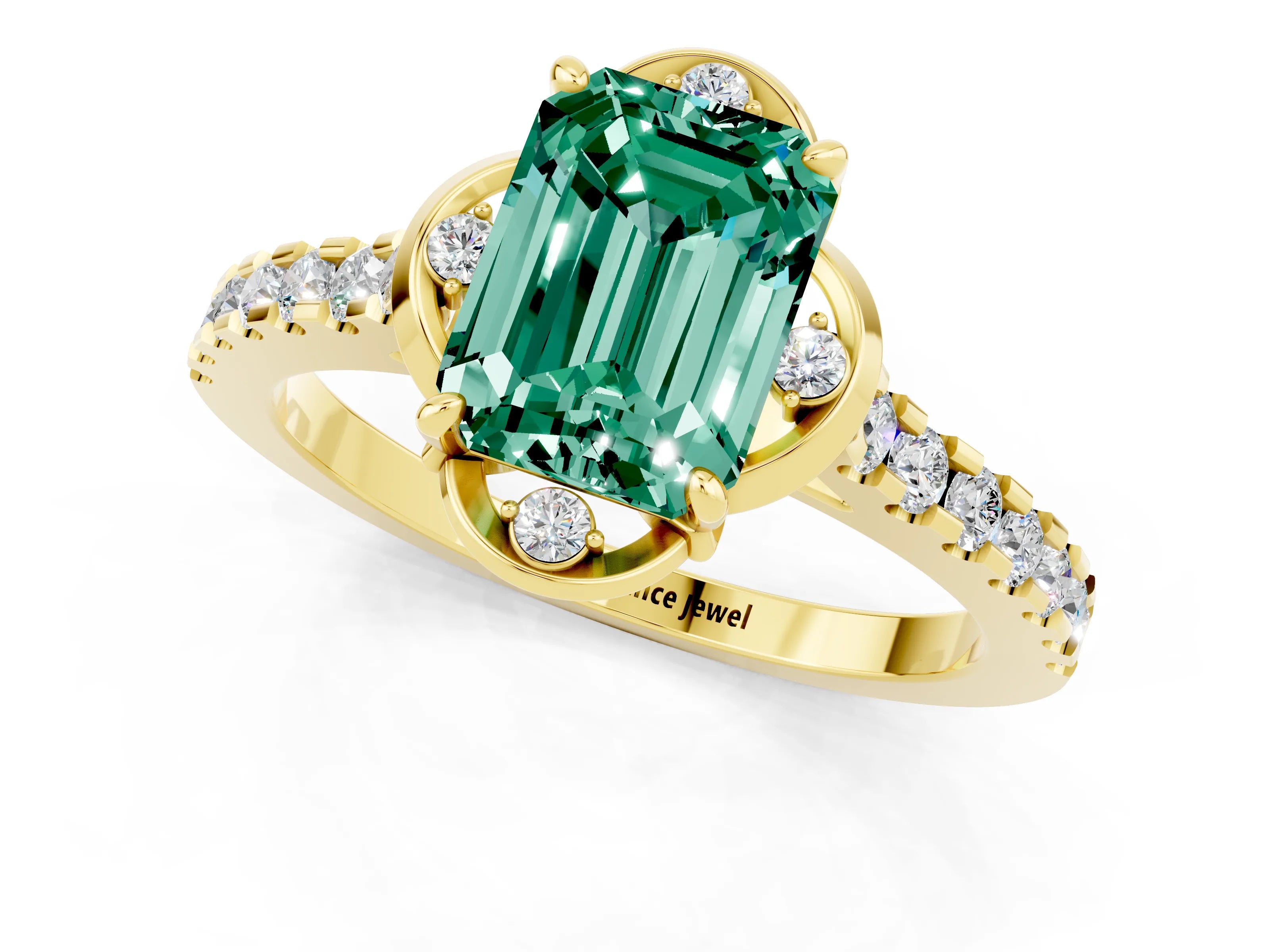 Yellow gold Emerald Cut Green Sapphire Ring with Pavé Band and Floral Prong Setting_1