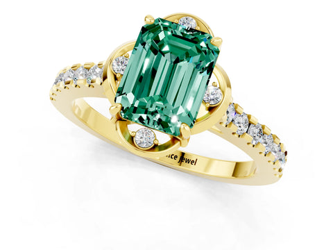 Yellow gold Emerald Cut Green Sapphire Ring with Pavé Band and Floral Prong Setting_1