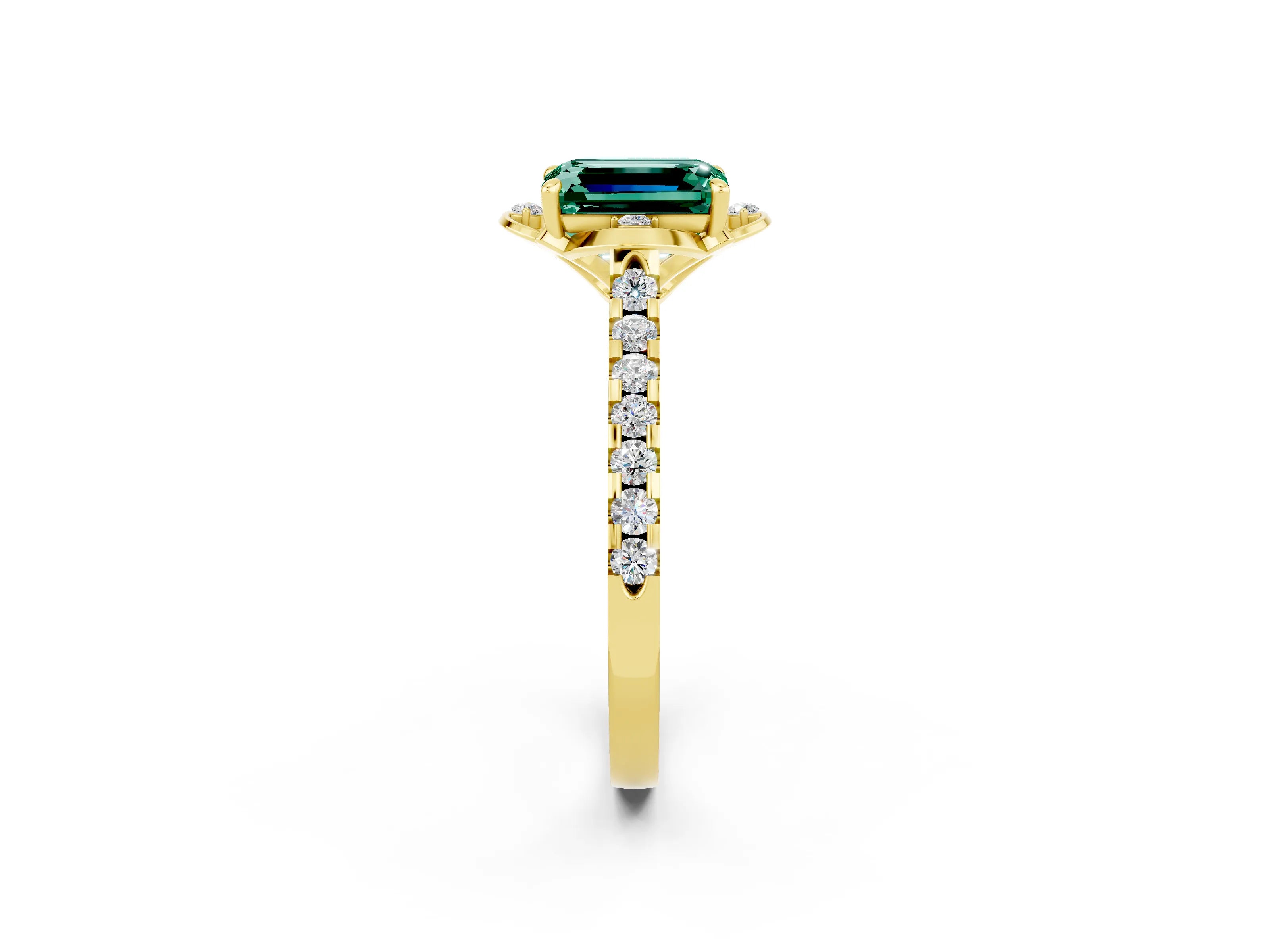 Yellow gold Emerald Cut Green Sapphire Ring with Pavé Band and Floral Prong Setting_2