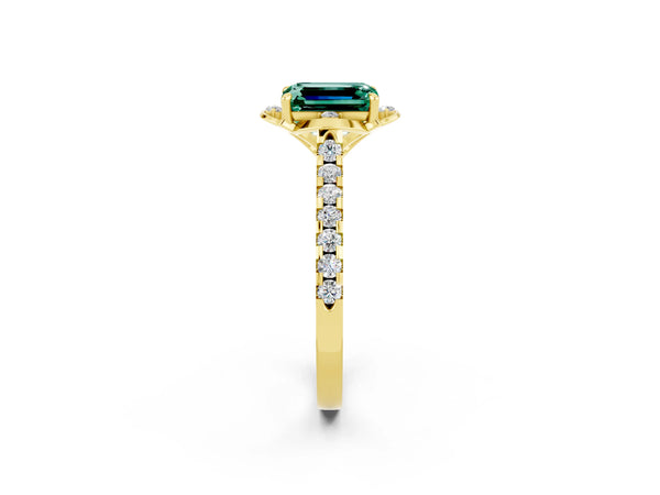 Yellow gold Emerald Cut Green Sapphire Ring with Pavé Band and Floral Prong Setting