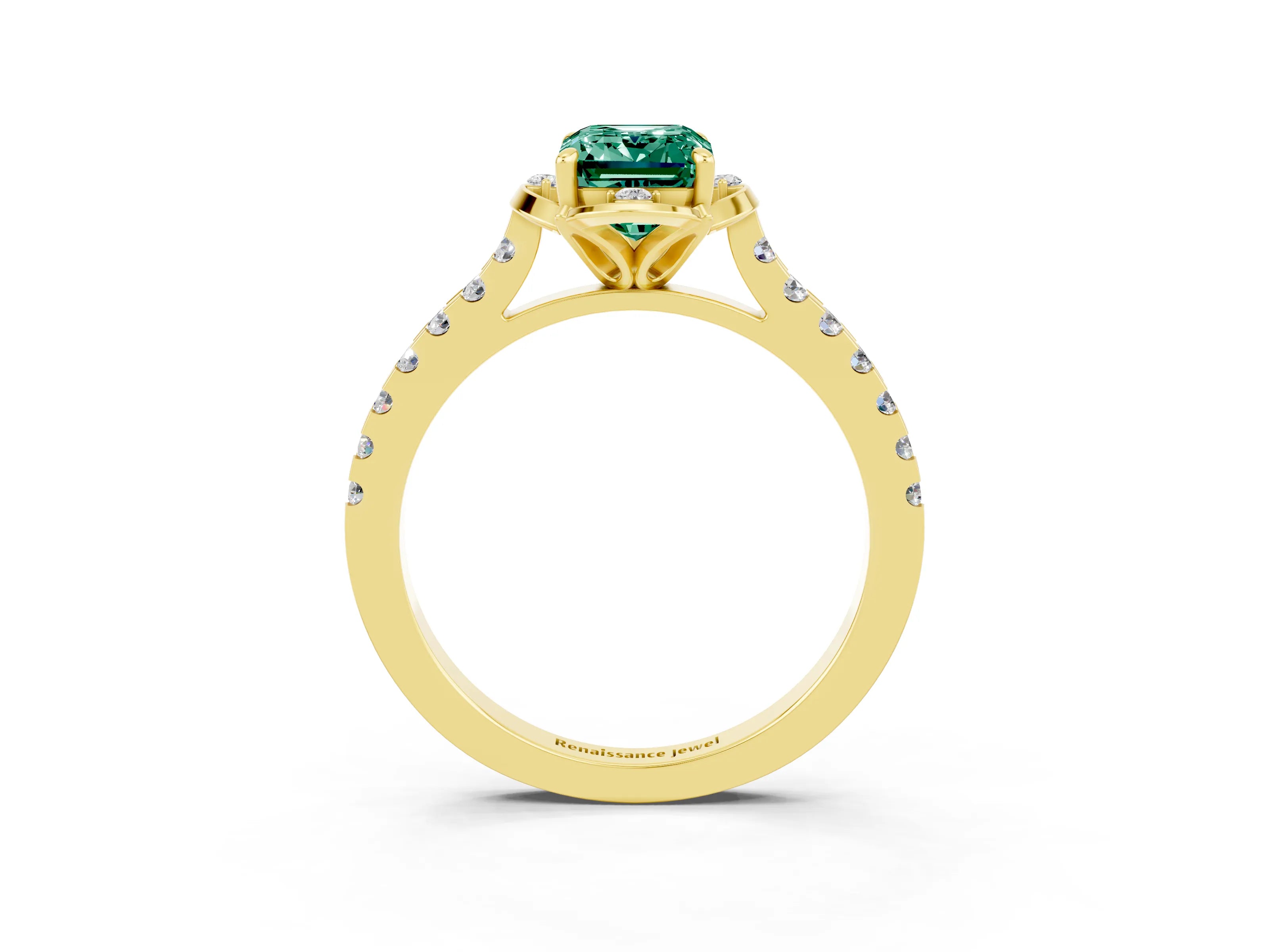Yellow gold Emerald Cut Green Sapphire Ring with Pavé Band and Floral Prong Setting_3