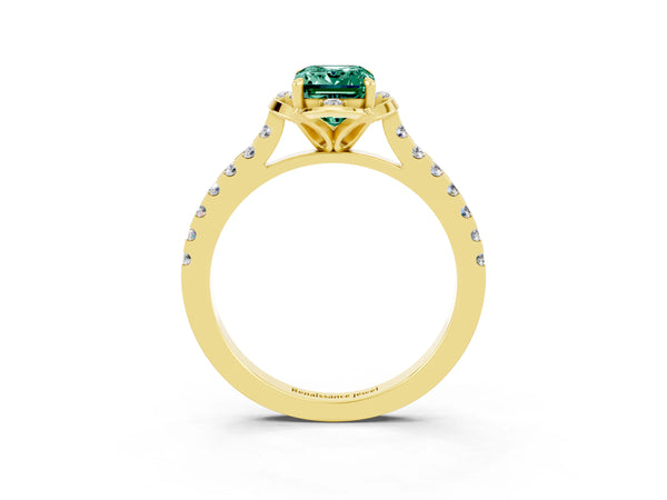 Yellow gold Emerald Cut Green Sapphire Ring with Pavé Band and Floral Prong Setting