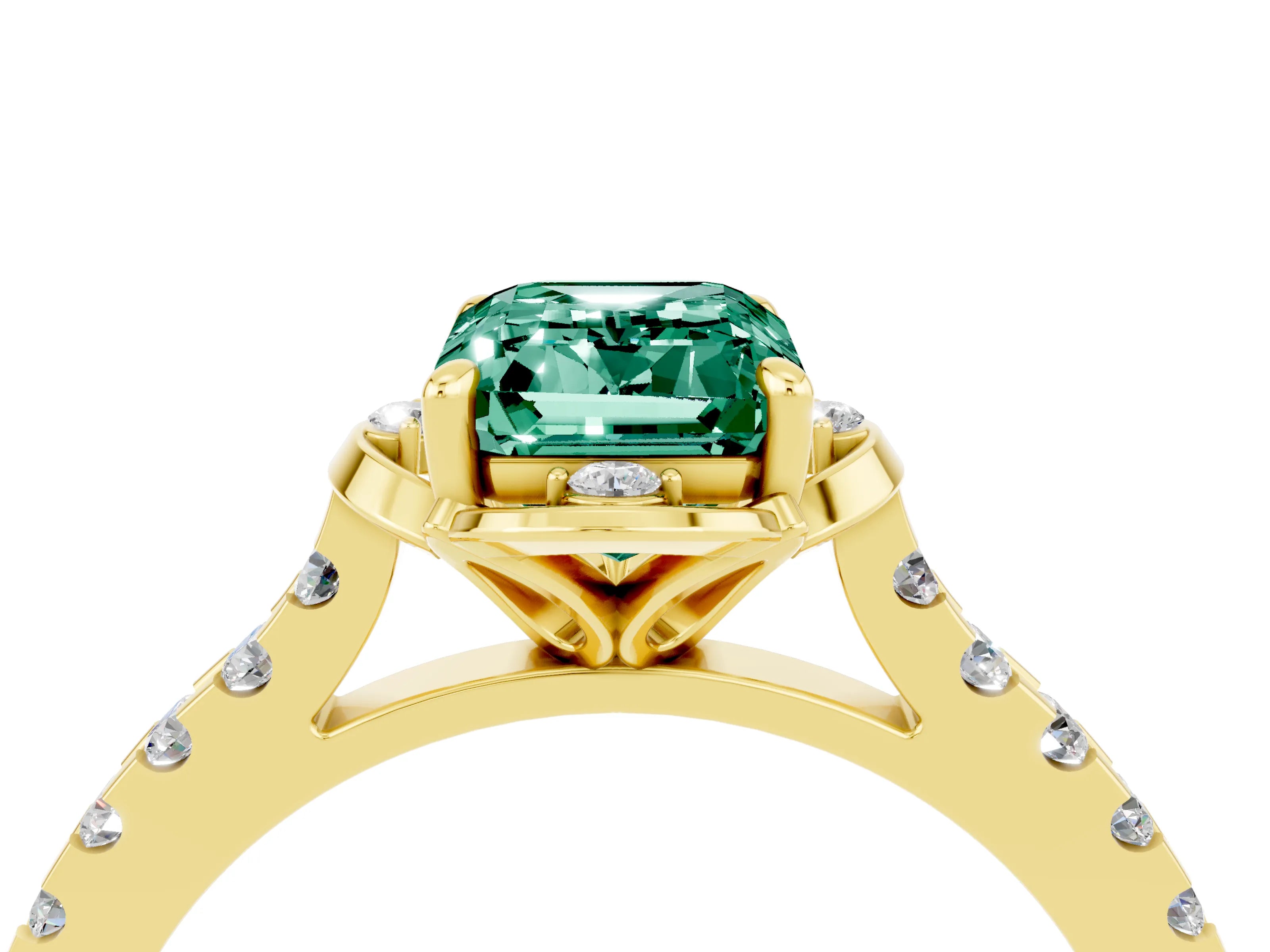Yellow gold Emerald Cut Green Sapphire Ring with Pavé Band and Floral Prong Setting_4