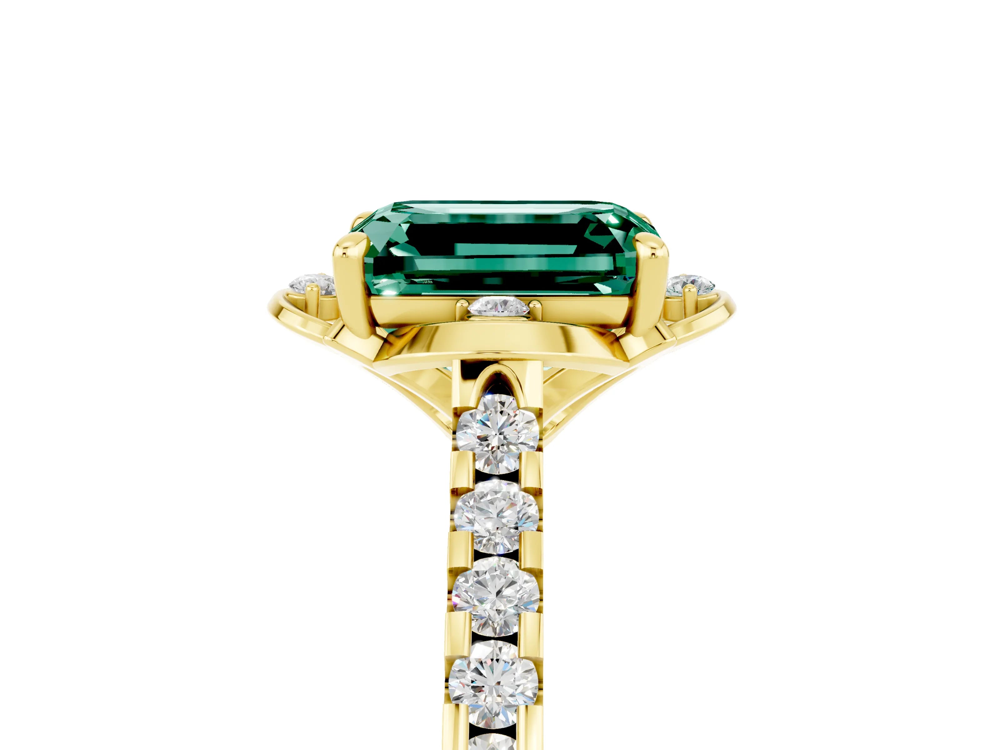 Yellow gold Emerald Cut Green Sapphire Ring with Pavé Band and Floral Prong Setting_5