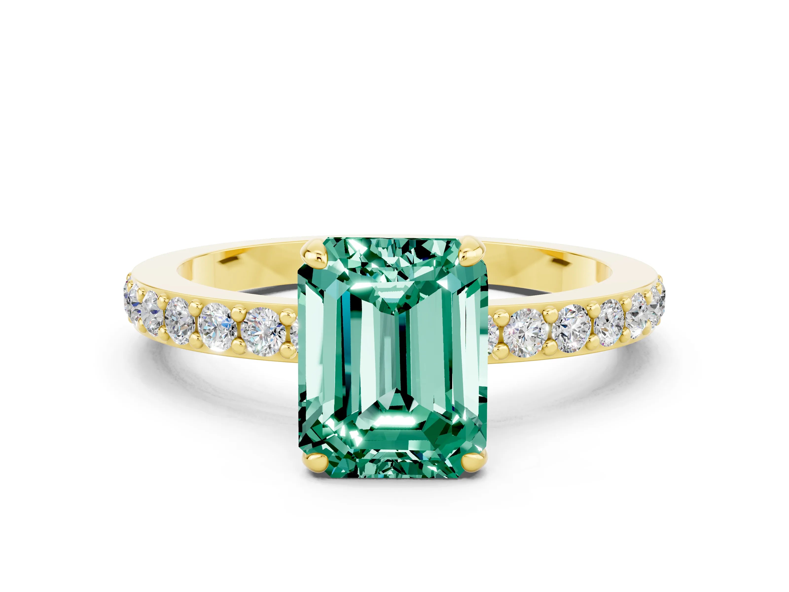 Yellow gold Emerald Cut Green Sapphire Ring with Pavé Band and Four-Prong Setting