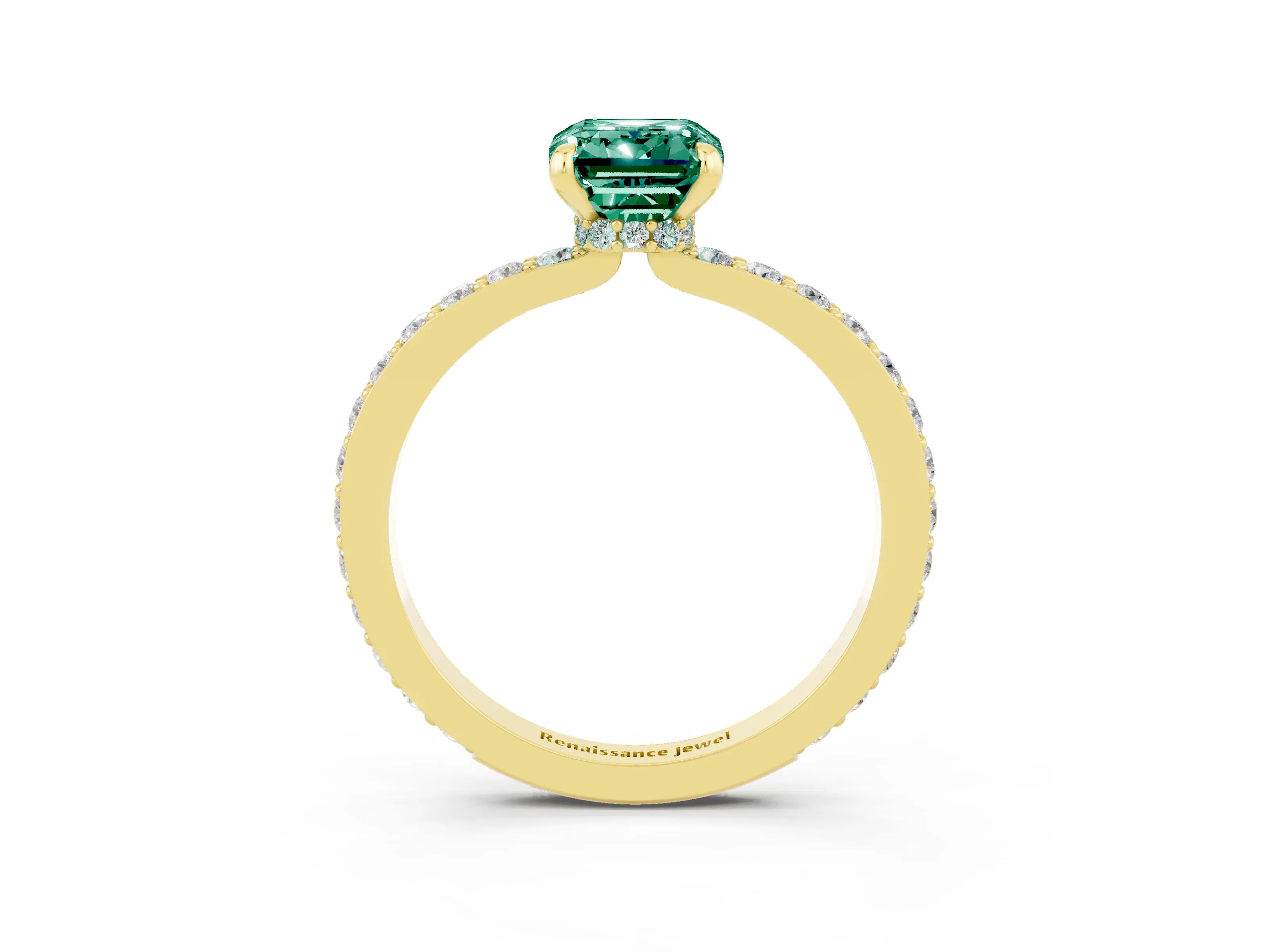 Yellow gold Emerald Cut Green Sapphire Ring with Pavé Band and Four-Prong Setting_3