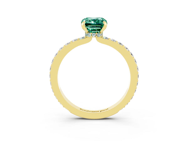 Yellow gold Emerald Cut Green Sapphire Pavé Engagement Ring with Round  Accents and Prong Setting