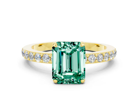 Yellow gold Emerald Cut Green Sapphire Ring with Pavé Band and Four-Prong Setting