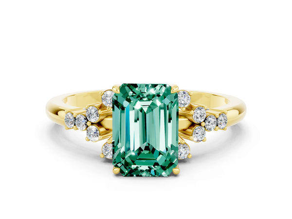 Yellow gold Emerald Cut Green Sapphire Ring with Side Stones and Four-Prong Setting