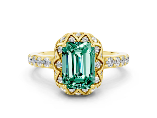 Yellow gold Emerald Cut Green Sapphire Scalloped Halo Engagement Ring with Round Shared Prong Band