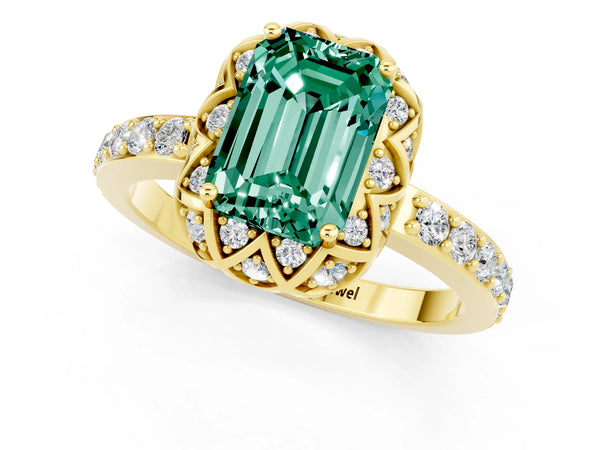 Yellow gold Emerald Cut Green Sapphire Scalloped Halo Engagement Ring with Round Shared Prong Band